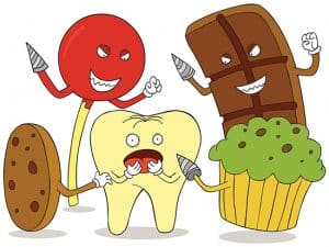 Personaggi animati di alimenti con denti e strumenti per l'igiene orale.